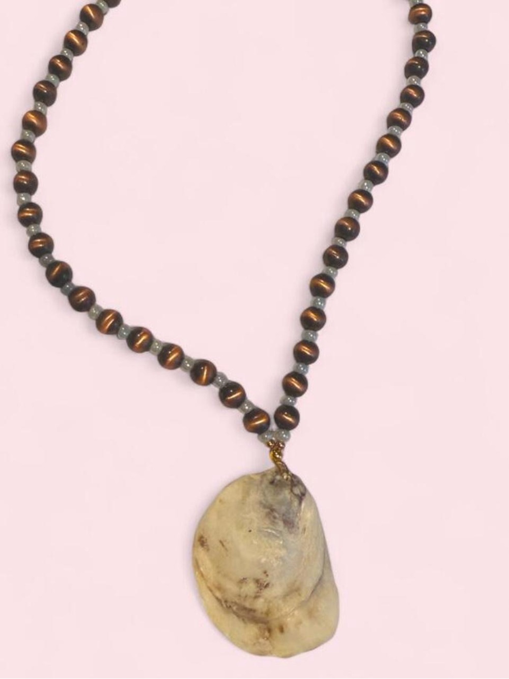 Handmade Brown Beaded Necklace with Natural Shell Pendant